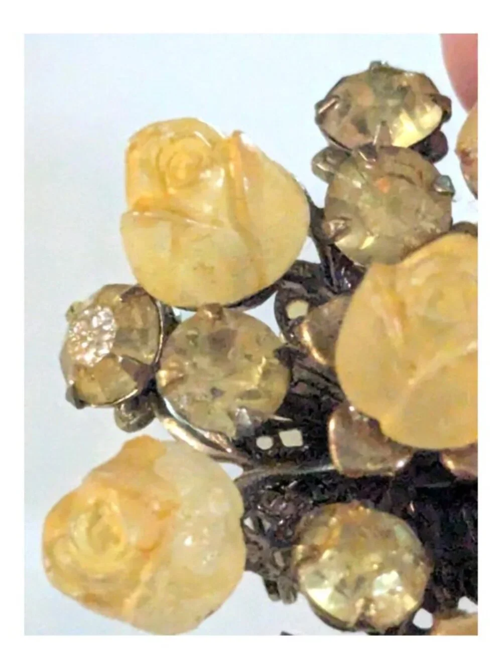 Vintage Floral Cluster Brooch Pale Yellow Rose Buds & Round Rhinestones Riveted